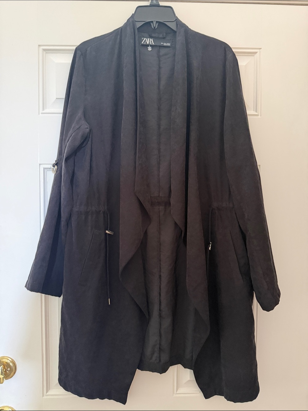 Zara Black Open Front Cinch Waist Trench Style Coat